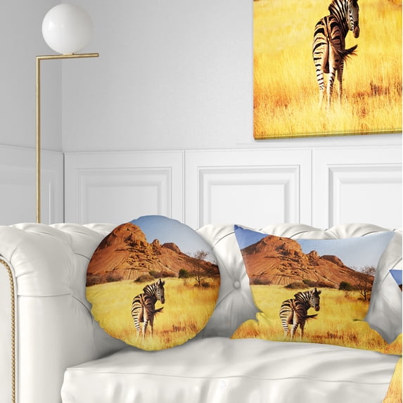 Designart Lonely Zebra in African Prairie - African Throw Pillow - 12x20