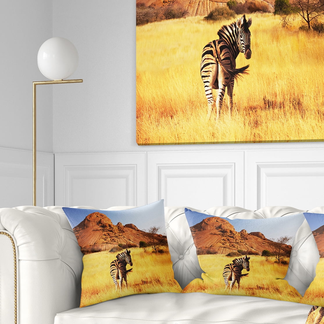 Designart Lonely Zebra in African Prairie - African Throw Pillow - 18x18
