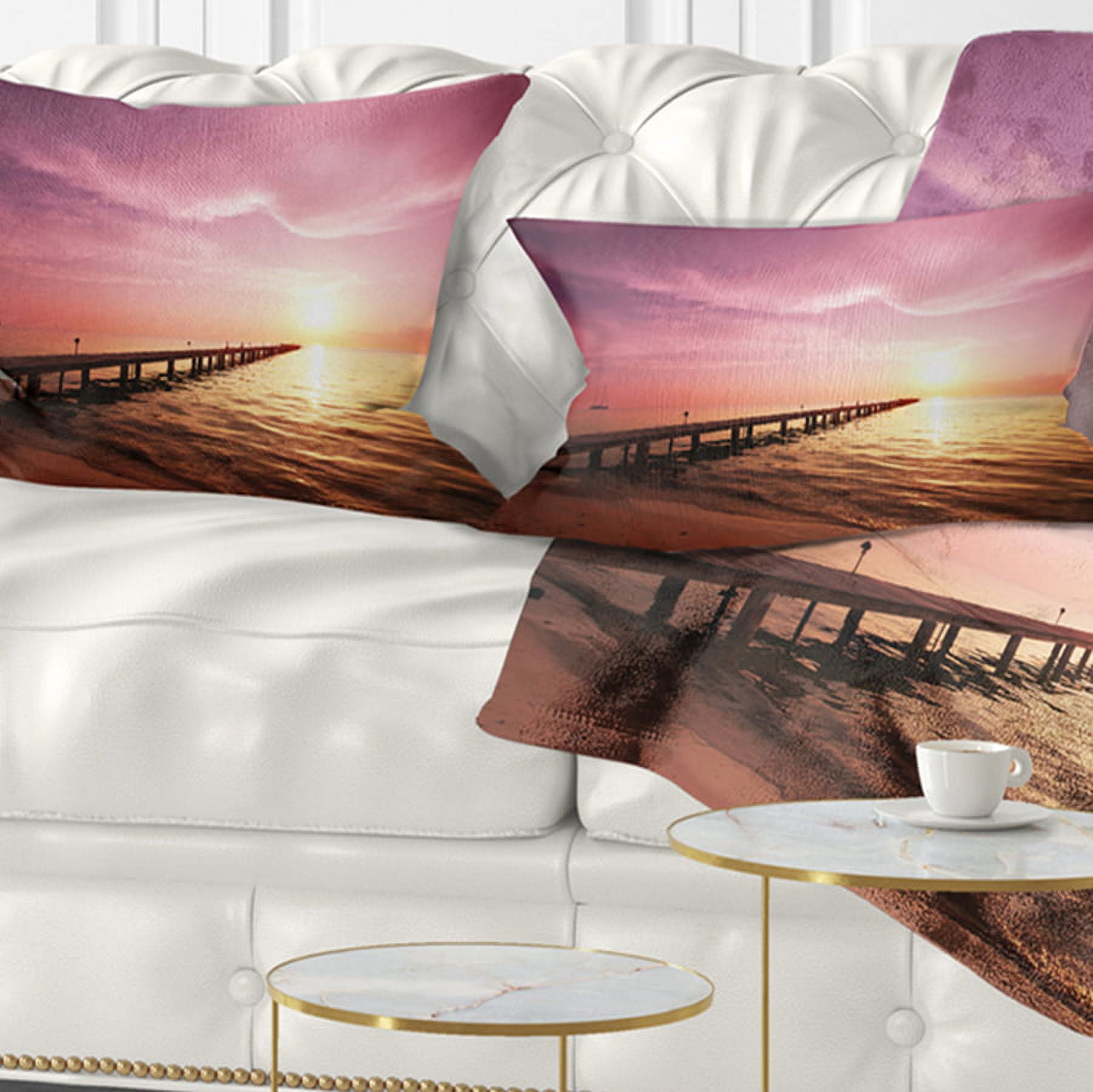 Designart Long Boardwalk into Sunset Sea - Bridge Throw Pillow - 12x20