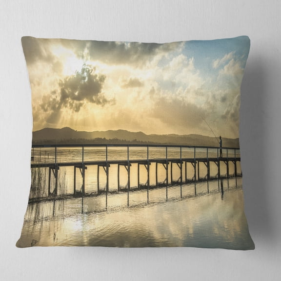 Designart Long Jetty Foreshore Reserve Panorama - Sea Bridge Throw Pillow - 16x16