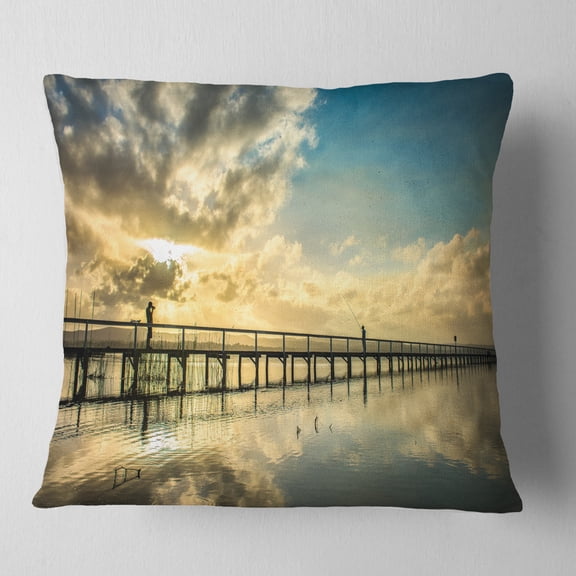 Designart Long Jetty Foreshore Reserve with Clouds - Sea Bridge Throw Pillow - 16x16