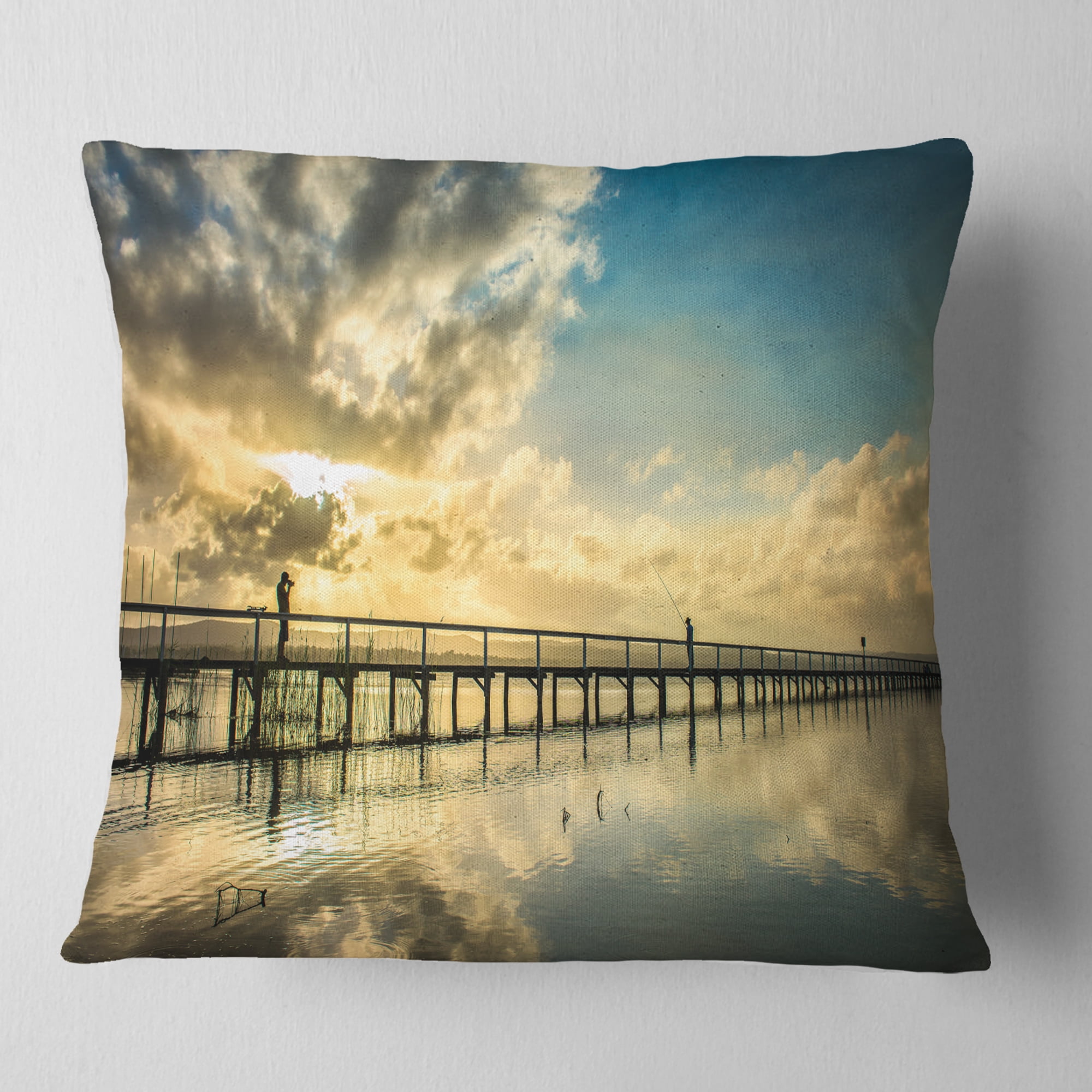 Designart Long Jetty Foreshore Reserve with Clouds - Sea Bridge Throw Pillow - 18x18