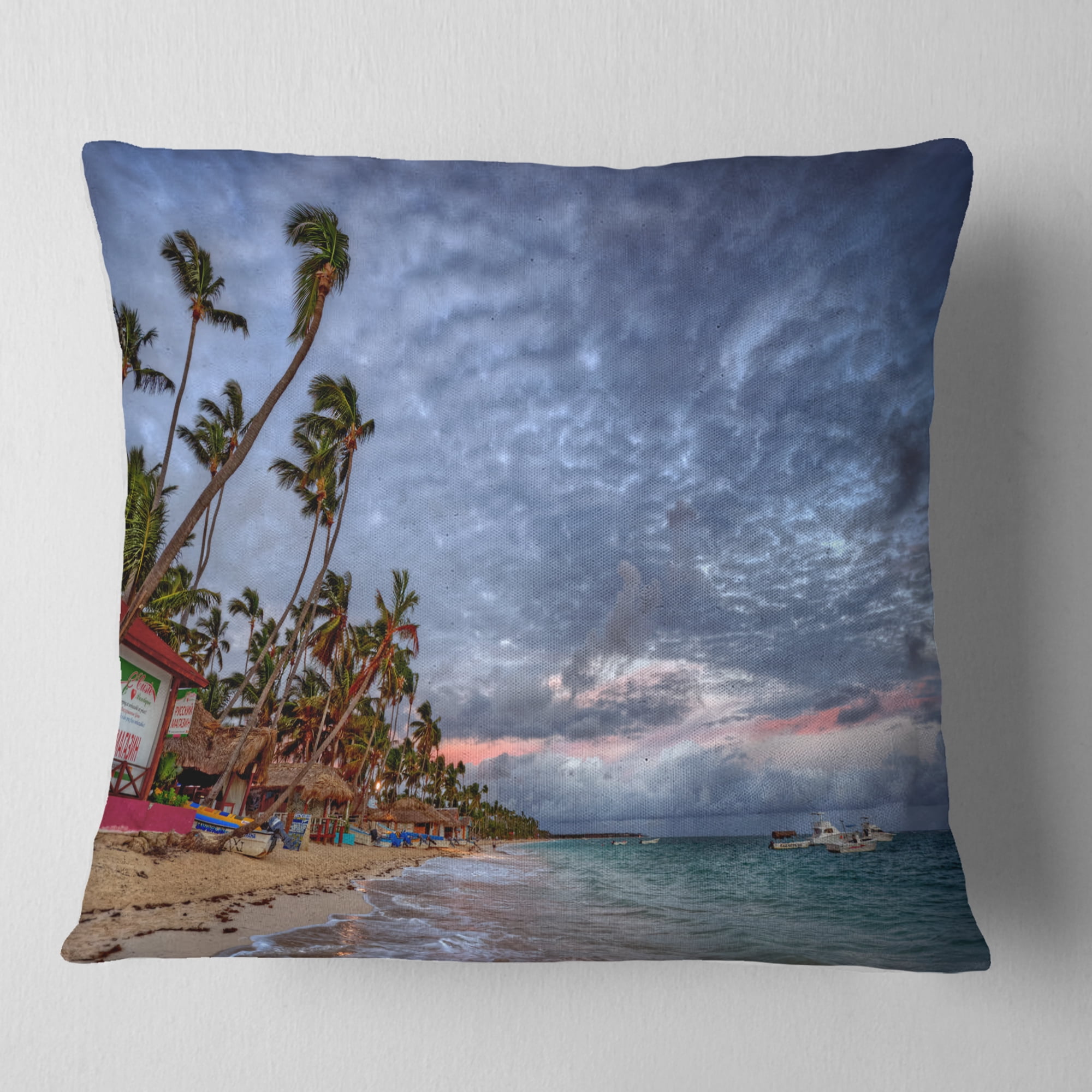 Designart Long Palm Trees Bent to Beach - Seashore Throw Pillow - 18x18