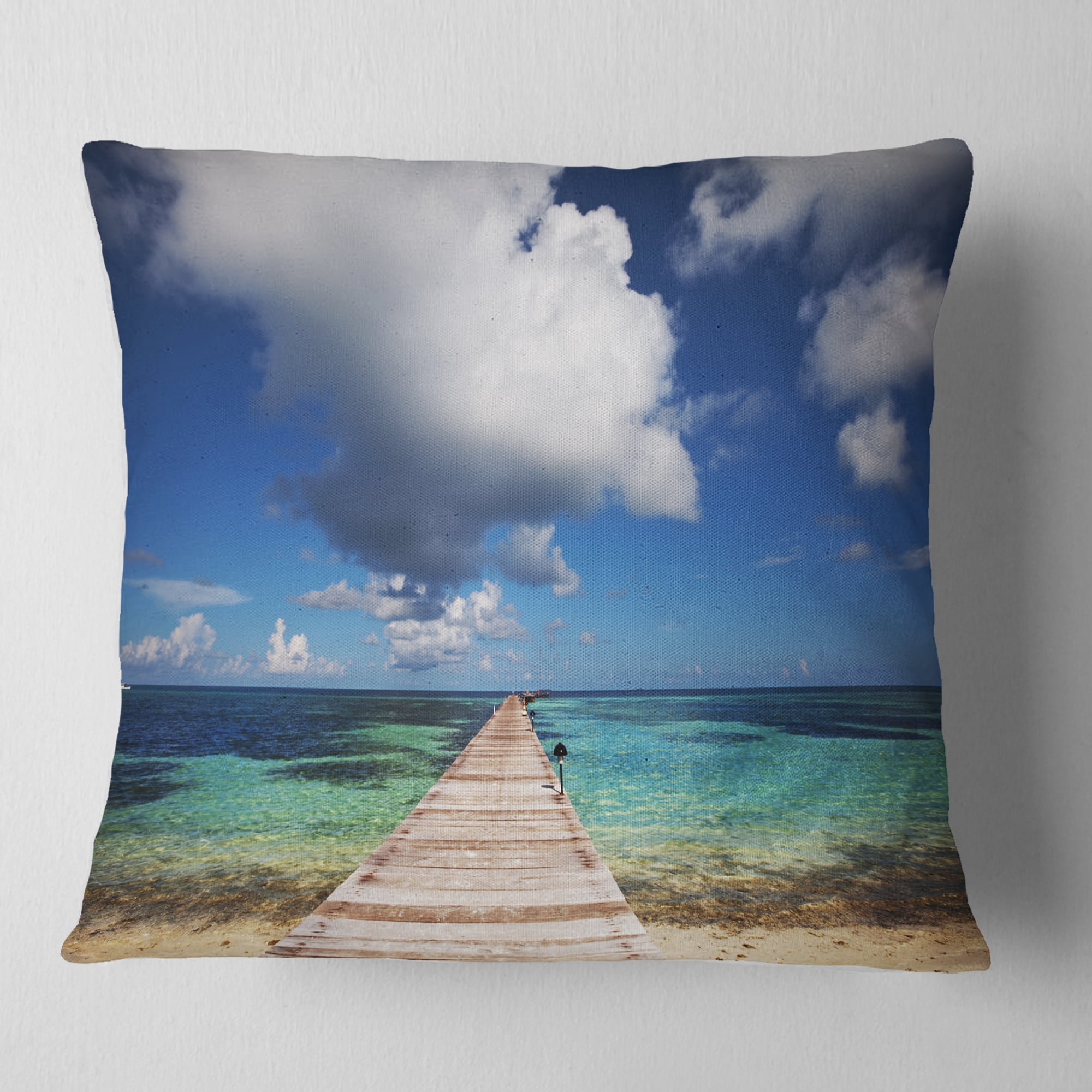 Designart Long Pier into Serene Maldives Ocean - Bridge Throw Pillow - 16x16