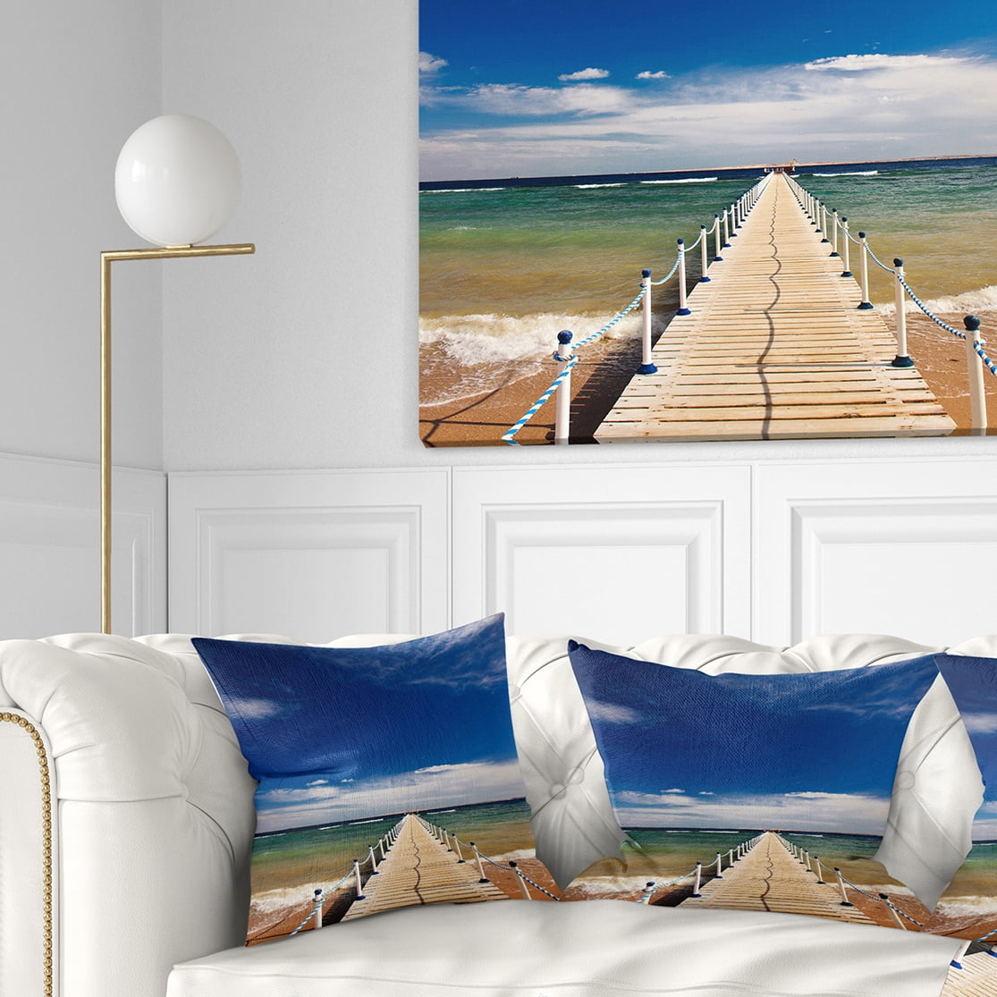 Designart Long Pontoon in Sea - Photographic Throw Pillow - 16x16