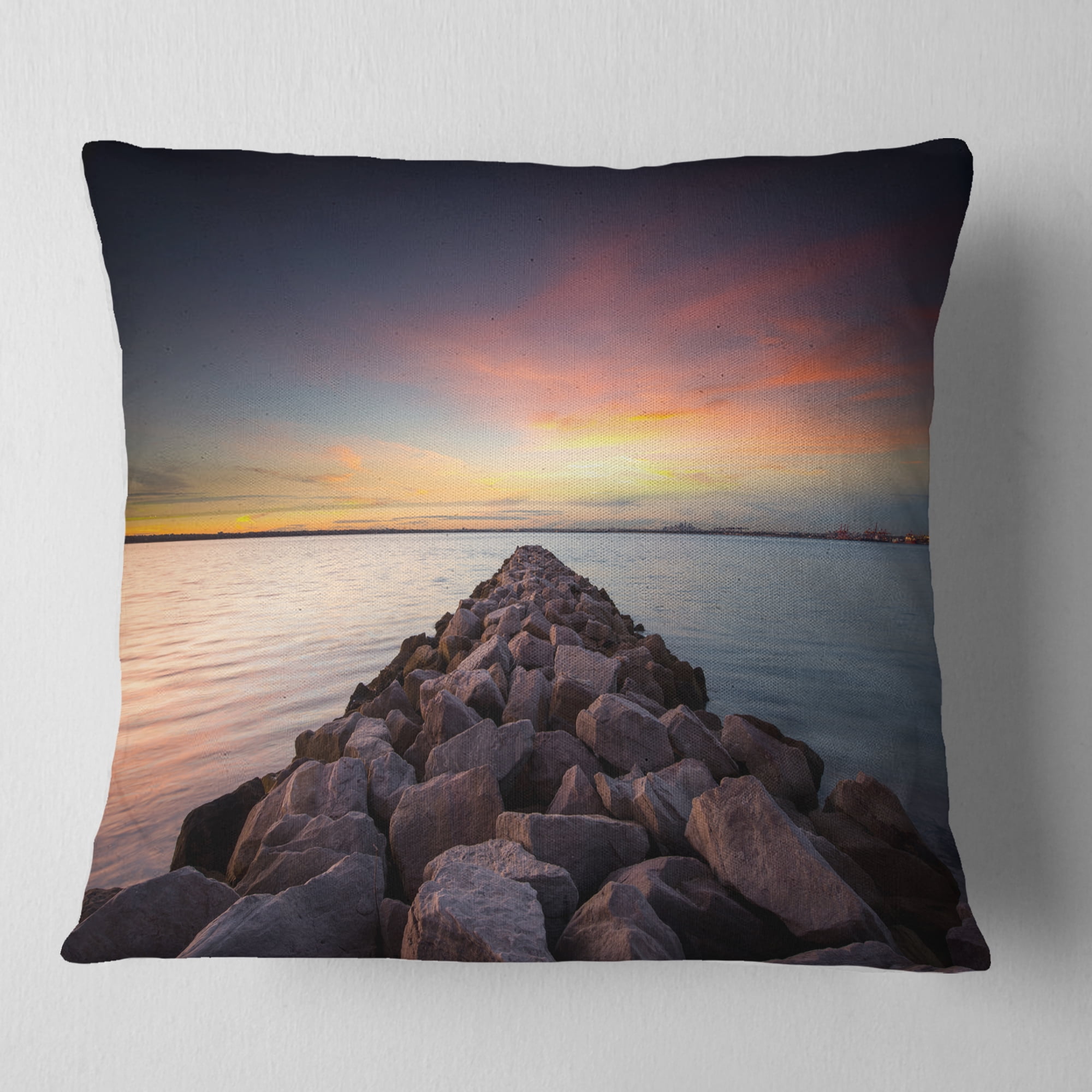 Designart Long Stone Bridge into Beautiful Sea - Seashore Throw Pillow - 16x16
