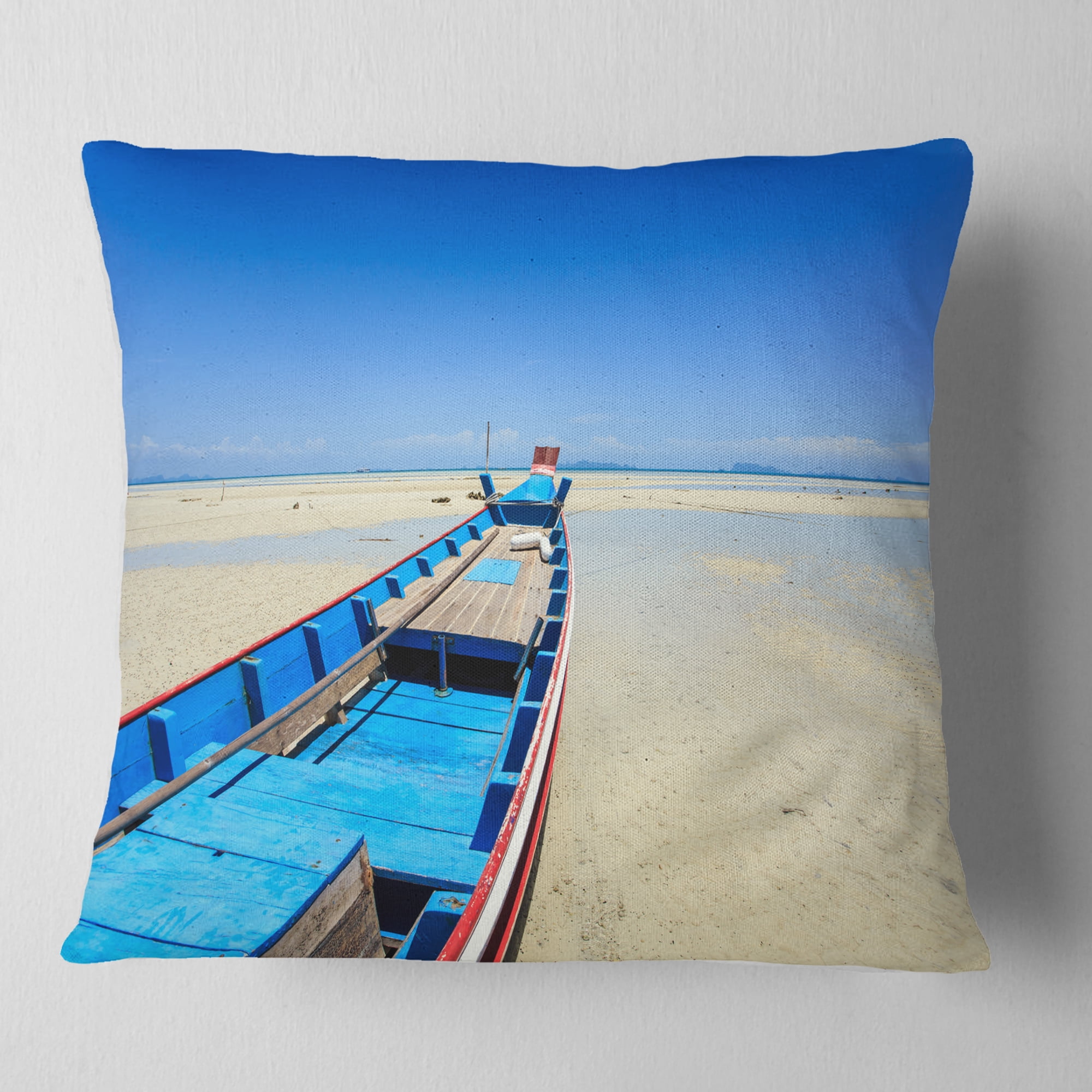 Designart Long Tail Boat Stand at the Beach - Seashore Throw Pillow - 16x16