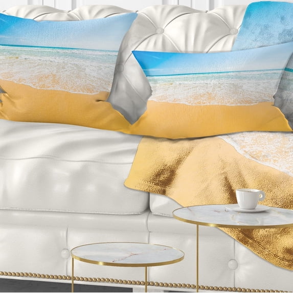 Designart Long Waves on Sand under Blue Sky - Seascape Throw Pillow - 12x20