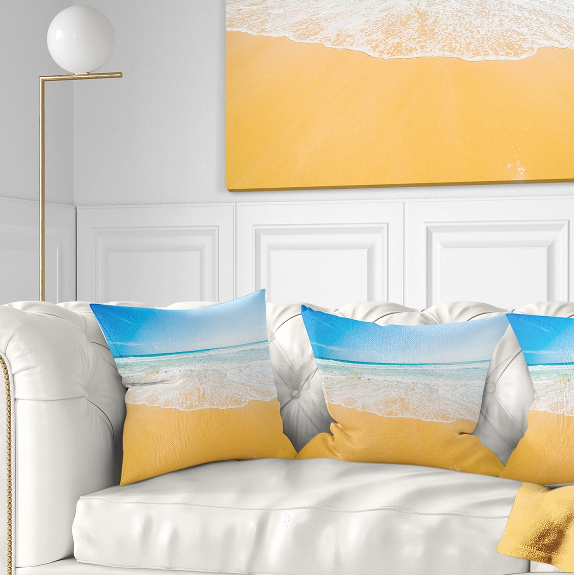 Designart Long Waves on Sand under Blue Sky - Seascape Throw Pillow - 18x18