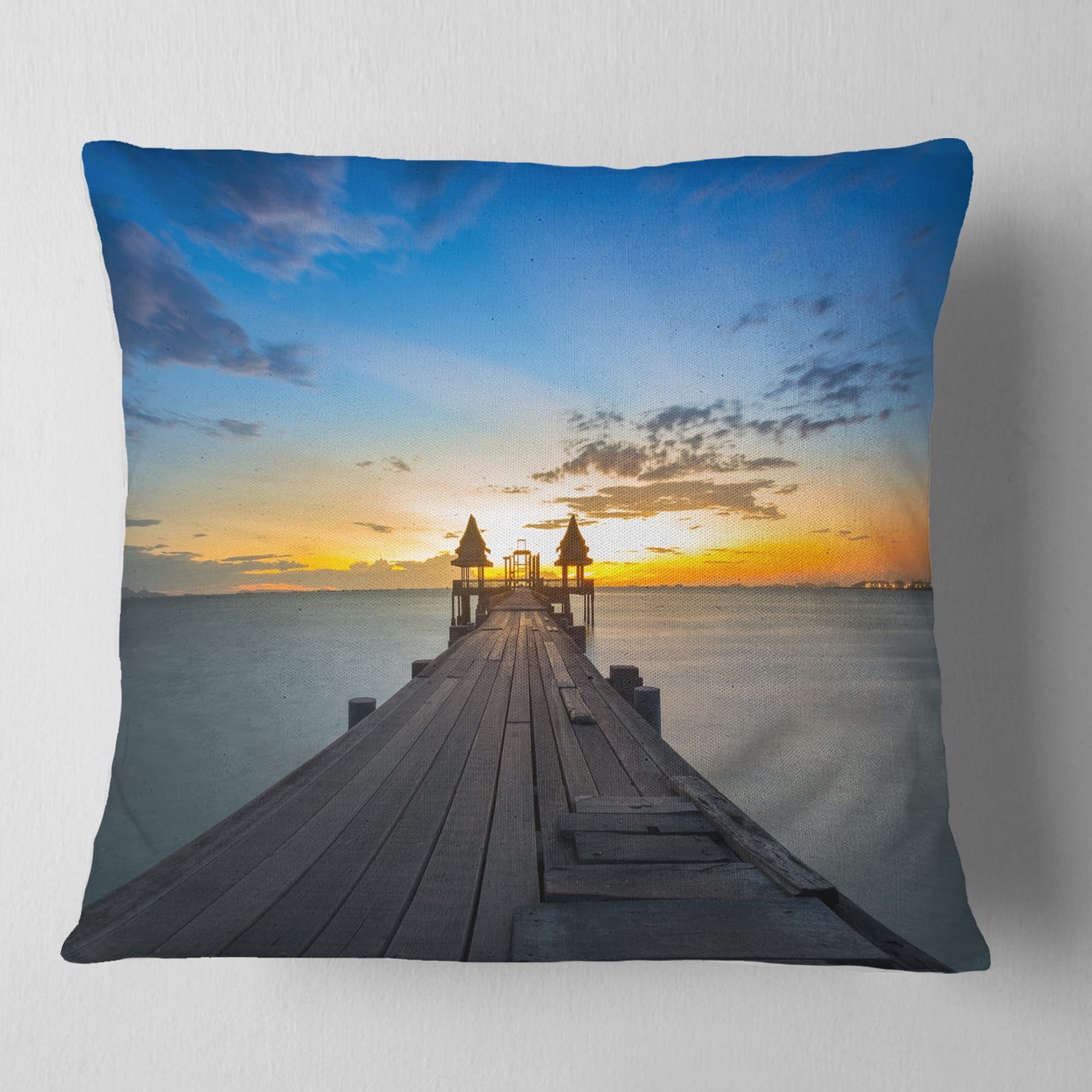 Designart Long Wood Pier Leading to Colorful Sea - Sea Bridge Throw Pillow - 18x18