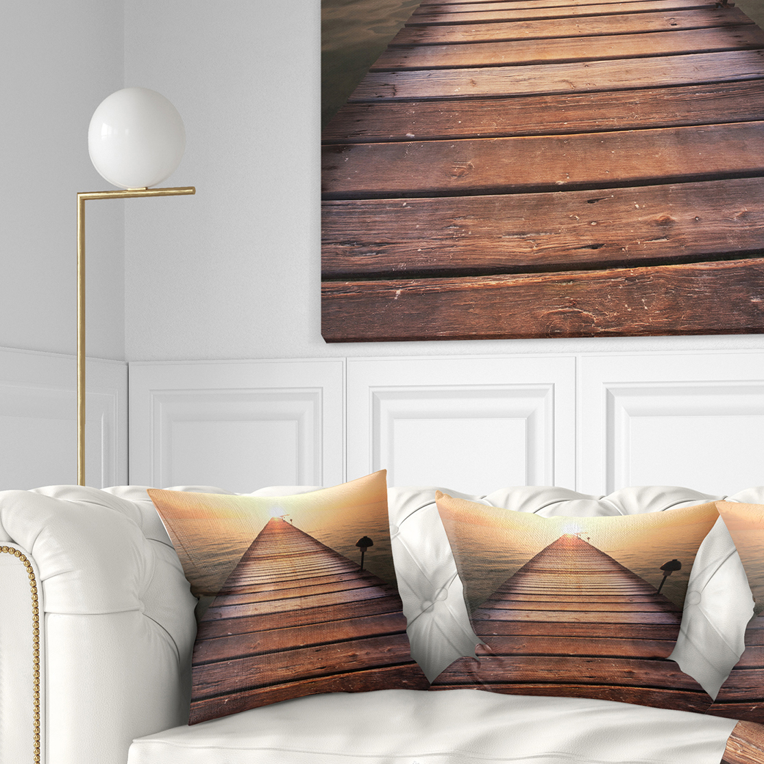Designart Long Wooden Boardwalk into Sea - Seashore Throw Pillow - 16x16