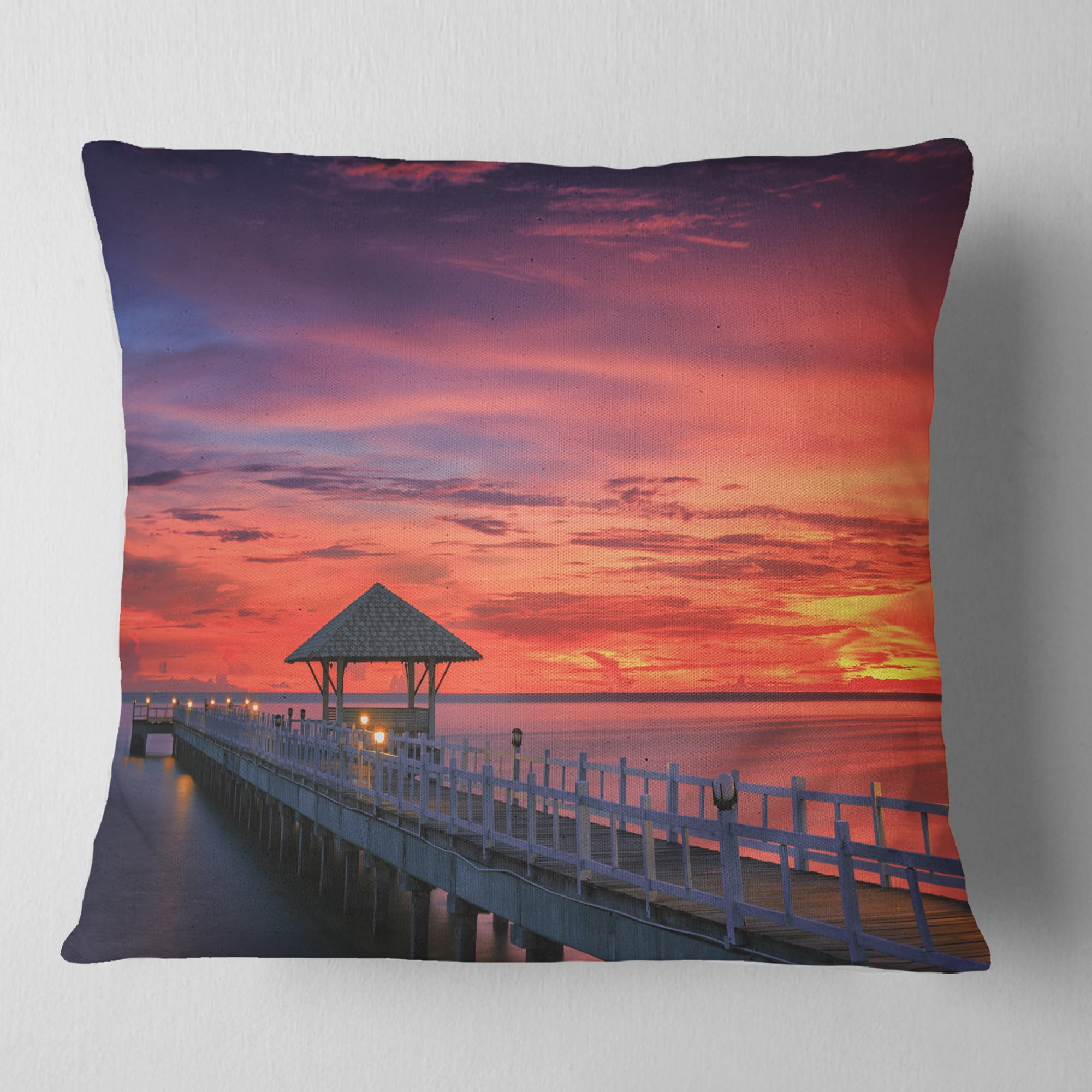Designart Long Wooden Bridge and Colorful Sky - Sea Bridge Throw Pillow - 18x18