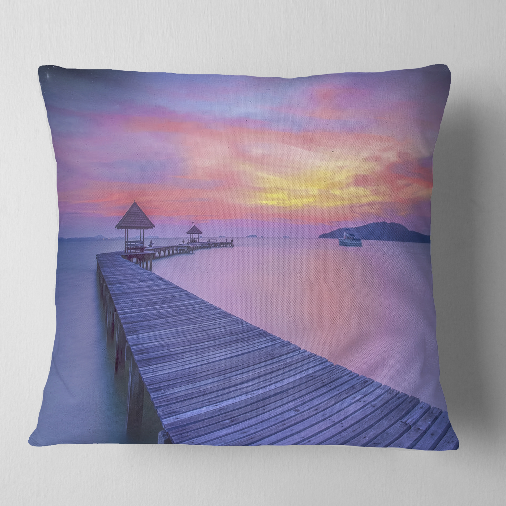 Designart Long Wooden Bridge into the Sunset - Pier Seascape Throw Pillow - 18x18
