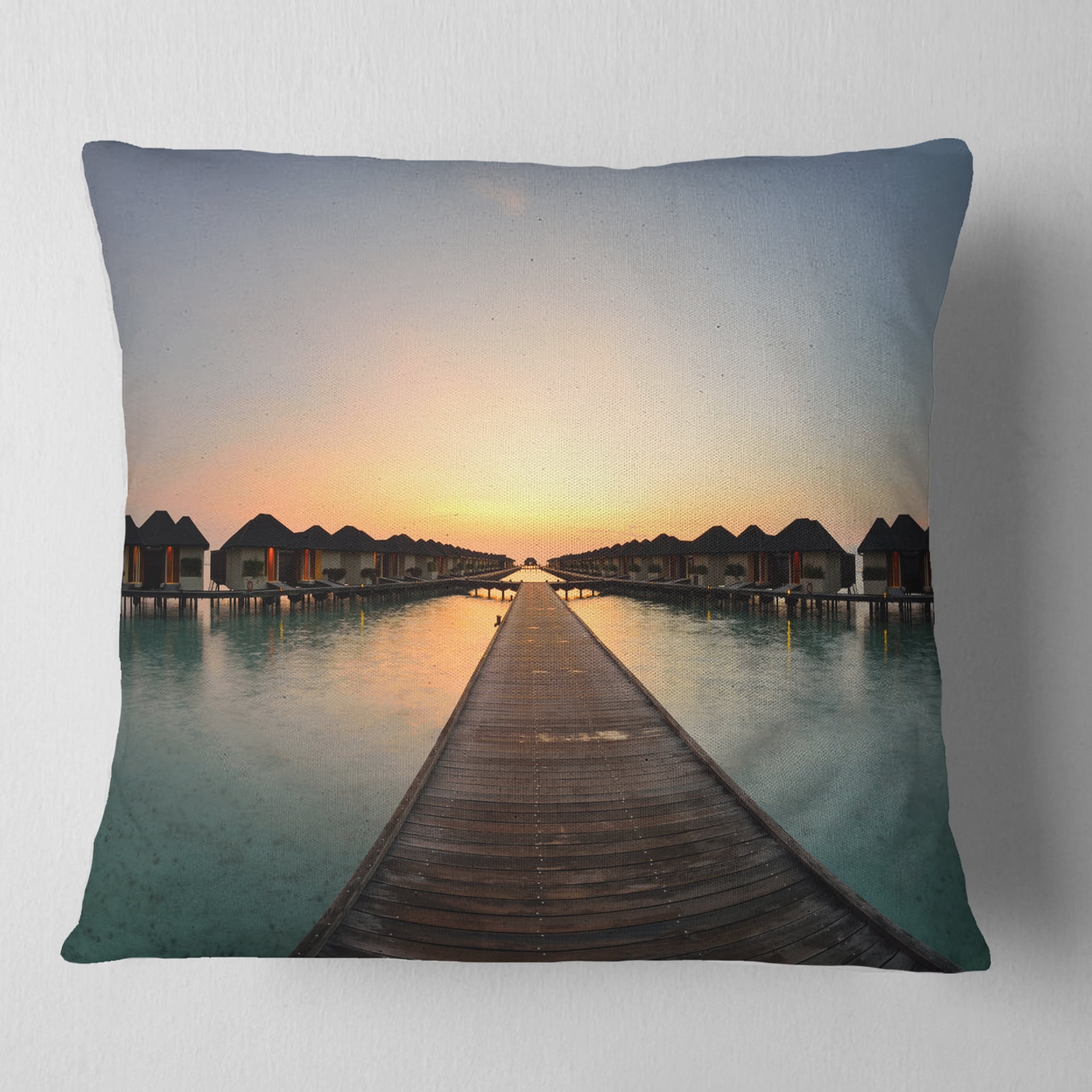 Designart Long Wooden Pier into the Ocean - Wooden Sea Bridge Throw Pillow - 16x16