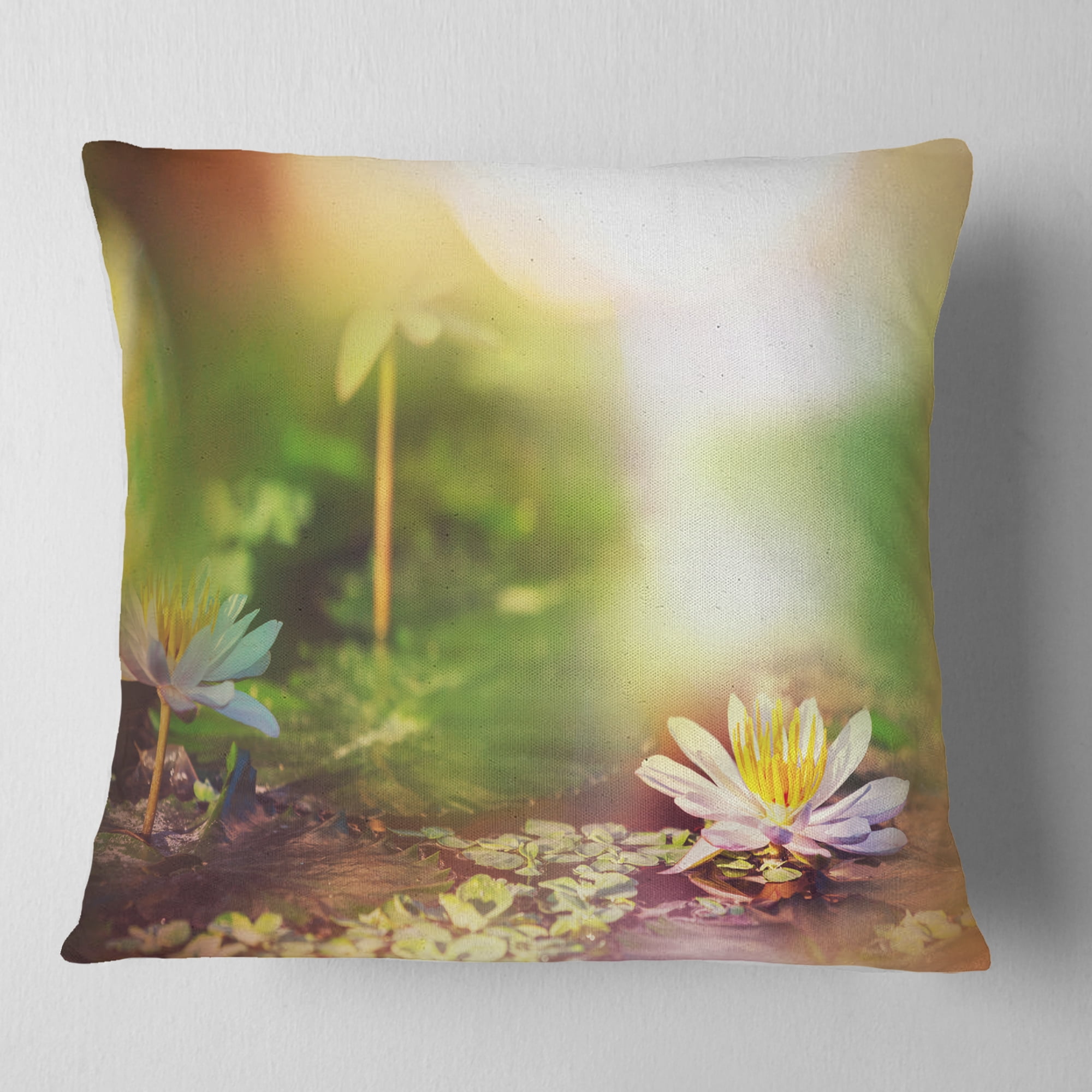 Designart Lotus Flowers on Green Background - Flower Throw Pillow - 16x16