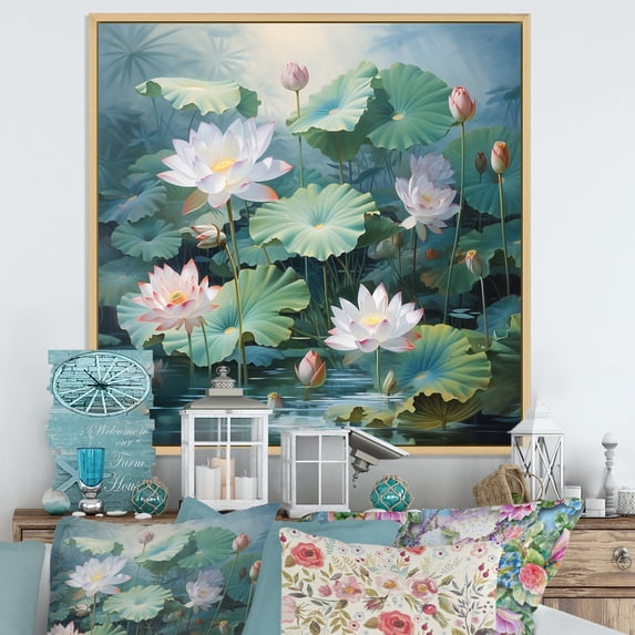 Designart "Lotus Pond Asian Painting II" Asian Floater Framed Wall Art Print