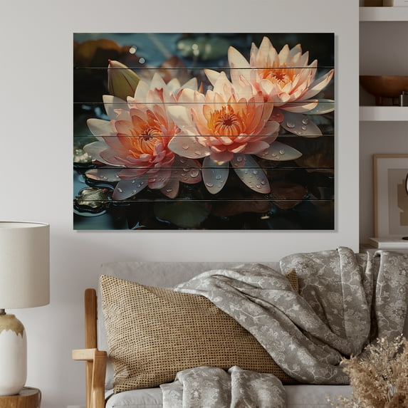 Designart "Lotus Pond Asian Painting V" Asian Art Print on Natural Pine Wood