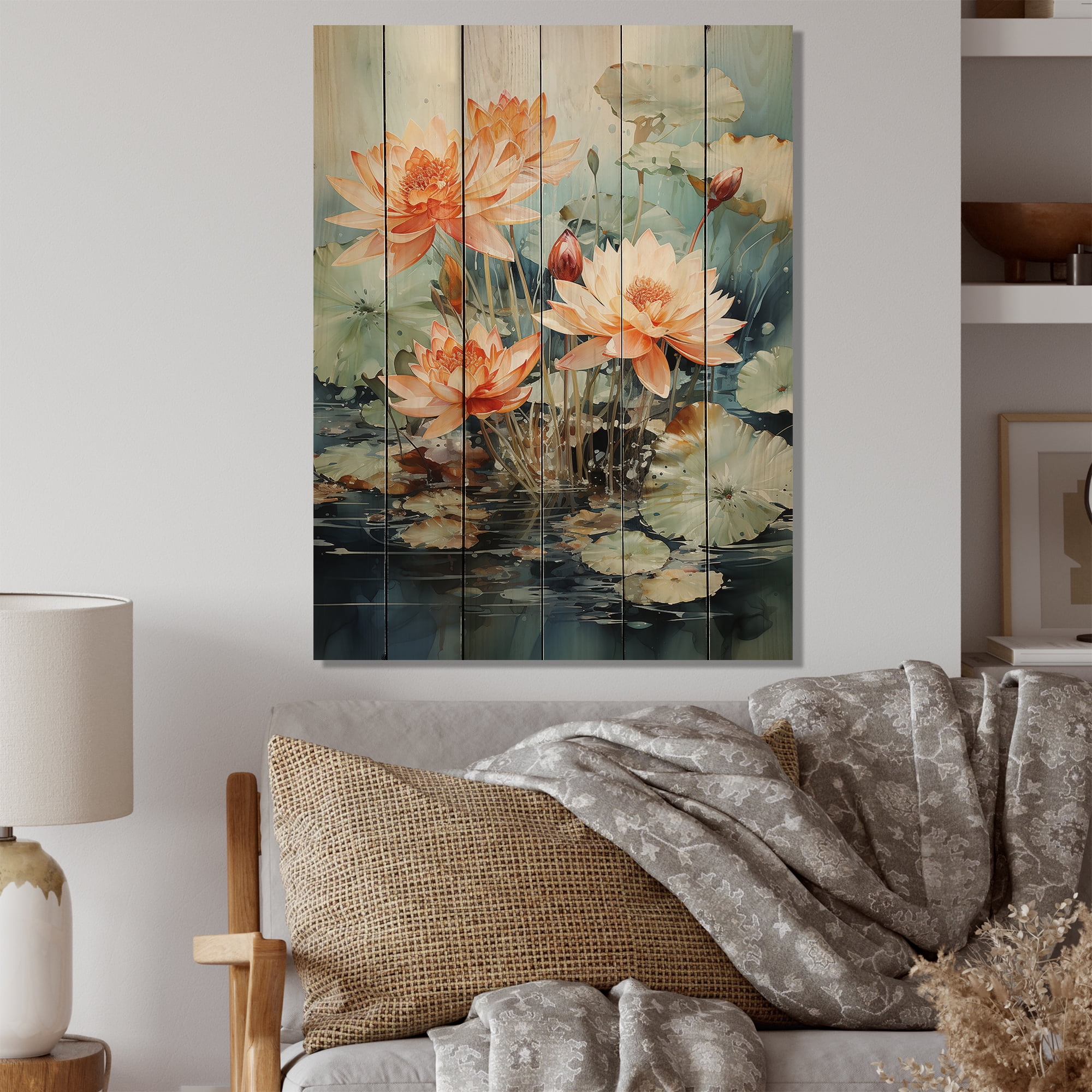 Lotus Pond Asian Art Print on Natural Pine Wood