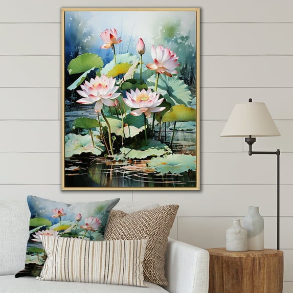 Designart "Lotus Pond China Art painting II" Floral Floater Framed Canvas Art Print