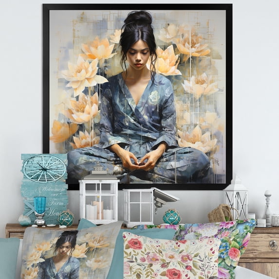 Designart "Lotus Pose Reflections Calm by the Water III" Spiritual Framed Wall Art Decor - Global Blue Meditation Entryway Framed Wall Art Print