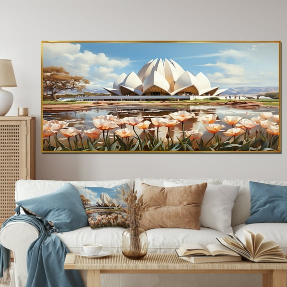 Designart "Lotus Temple Indian Art" Oversized People Framed Wall Art - Global White Indian Art Living Room Framed Canvas Art
