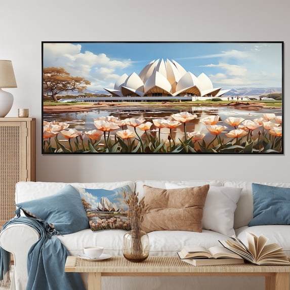 Designart "Lotus Temple Indian Art" Oversized People Framed Wall Art - Global White Indian Art Living Room Framed Canvas Art