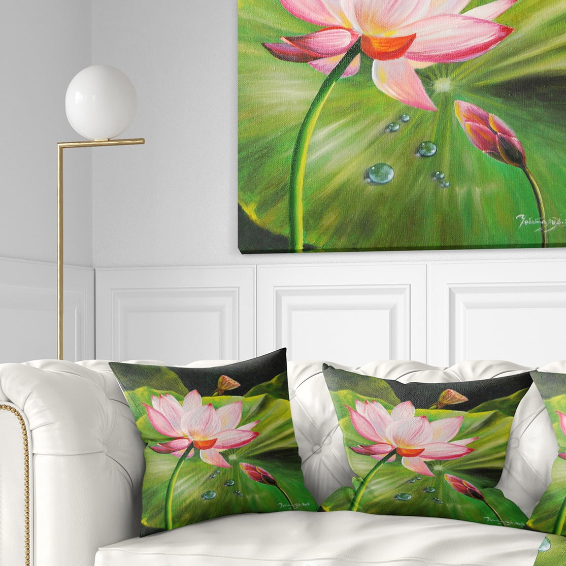 Designart Lotus and Water drops - Floral Painting Throw Pillow - 16x16