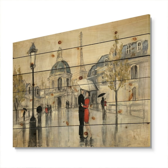 Designart 'Love Couple in Paris I' Romantic French Country Print on Natural Pine Wood