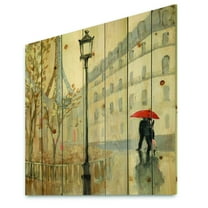 Designart 'Love Couple in Paris IV' Romantic French Country Print on Natural Pine Wood