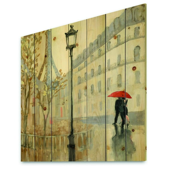 Designart 'Love Couple in Paris IV' Romantic French Country Print on Natural Pine Wood