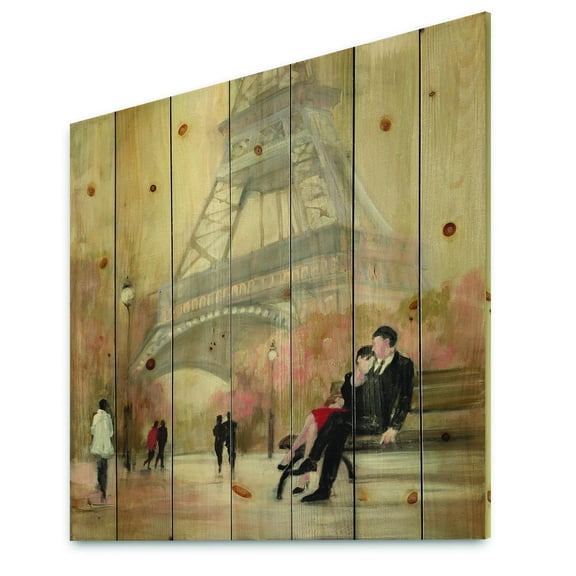 Designart 'Love Couple in Paris V' Romantic French Country Print on Natural Pine Wood