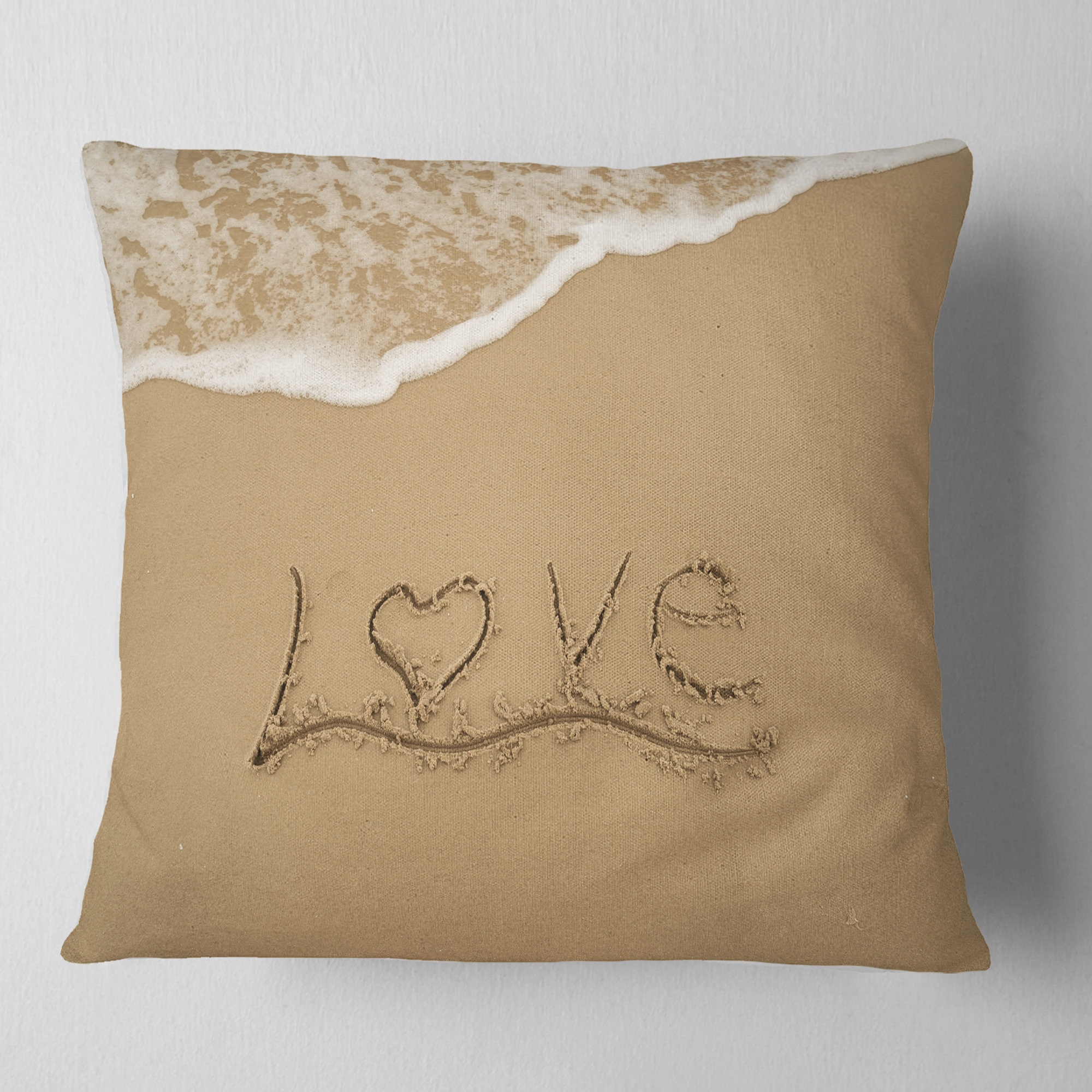 Designart Love Written on Sandy Seashore - Seashore Throw Pillow - 18x18