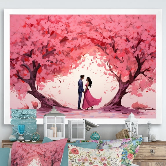 Designart "Love of Couple under the Tree II" Landscapes Framed Wall Art Decor - Traditional Pink Romantic Landscape Bedroom Framed Canvas Wall Art