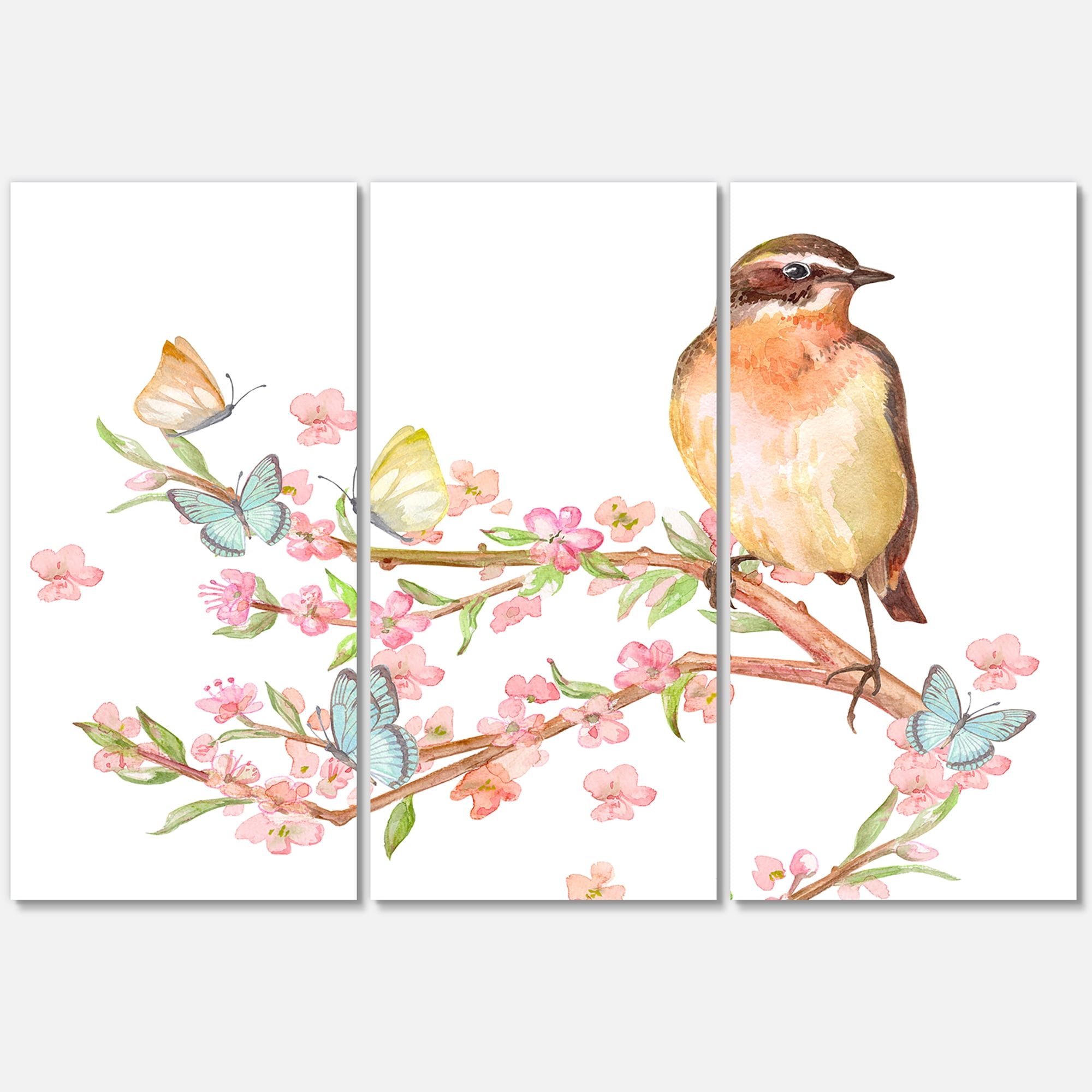 Designart ' Lovely Bird Sitting On Branch of Sakura With Butterflies ' Traditional Canvas Wall Art Print