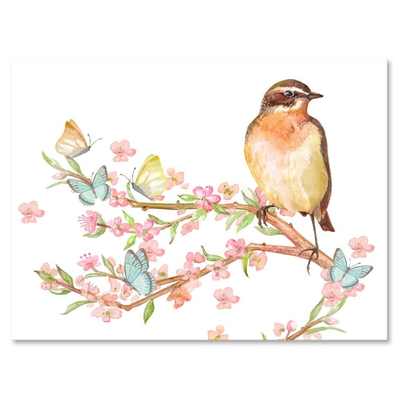 Designart ' Lovely Bird Sitting On Branch of Sakura With Butterflies ' Traditional Canvas Wall Art Print
