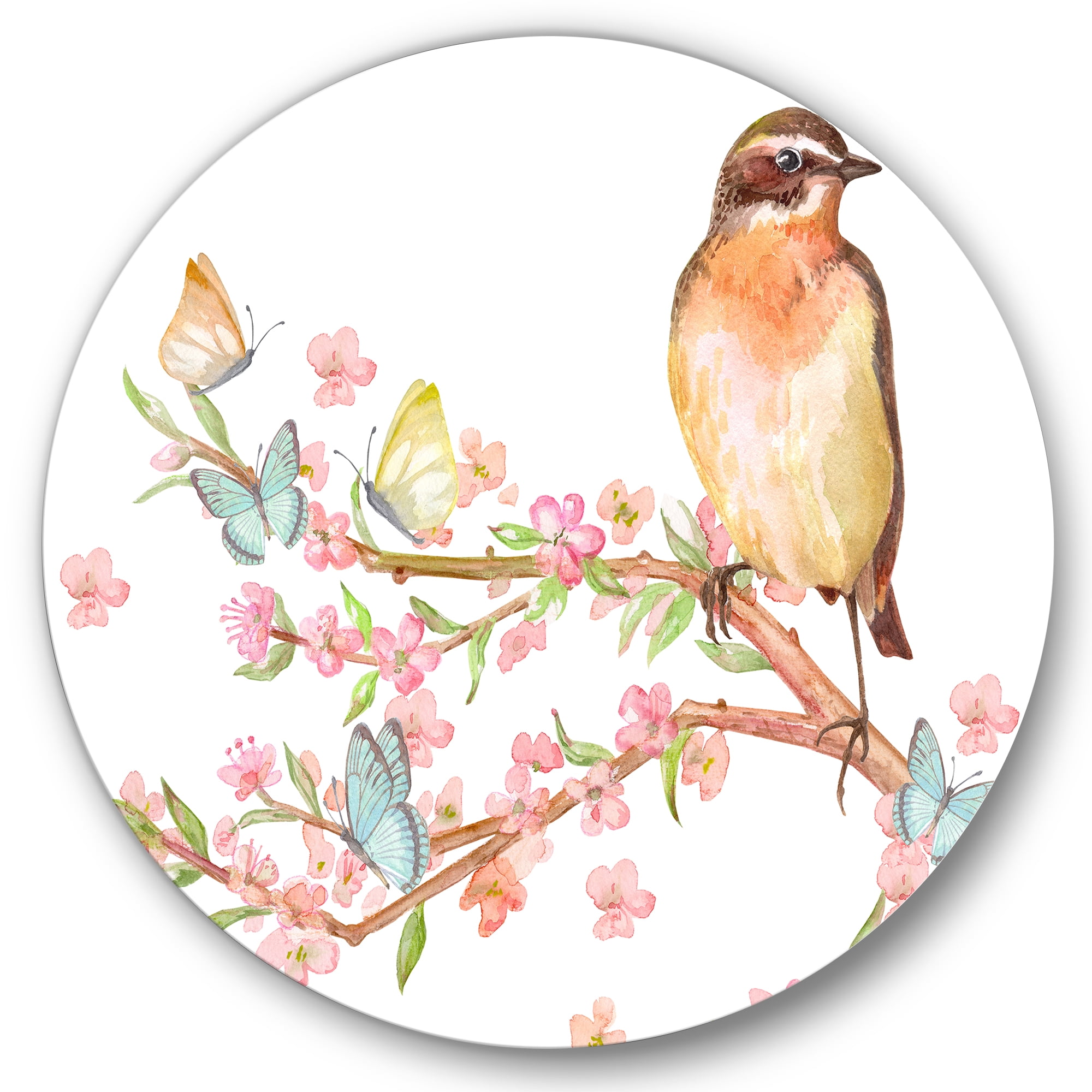 Designart 'Lovely Bird Sitting On Branch of Sakura With Butterflies' Traditional Circle Metal Wall Art 36x36 - Disc of 36