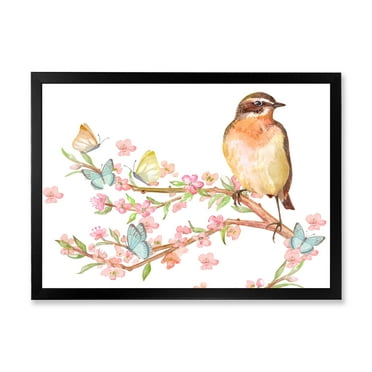 Designart 'Lovely Bird Sitting On Branch of Sakura With Butterflies' Traditional Framed Art Print