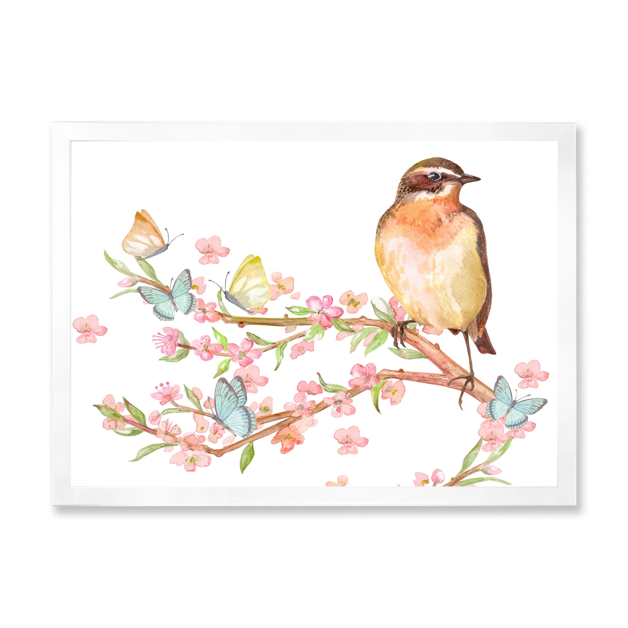 Designart 'Lovely Bird Sitting On Branch of Sakura With Butterflies' Traditional Framed Art Print