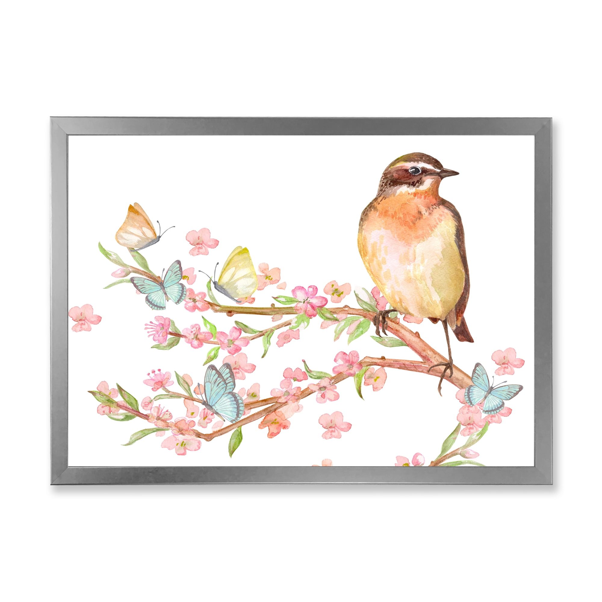 Designart 'Lovely Bird Sitting On Branch of Sakura With Butterflies' Traditional Framed Art Print