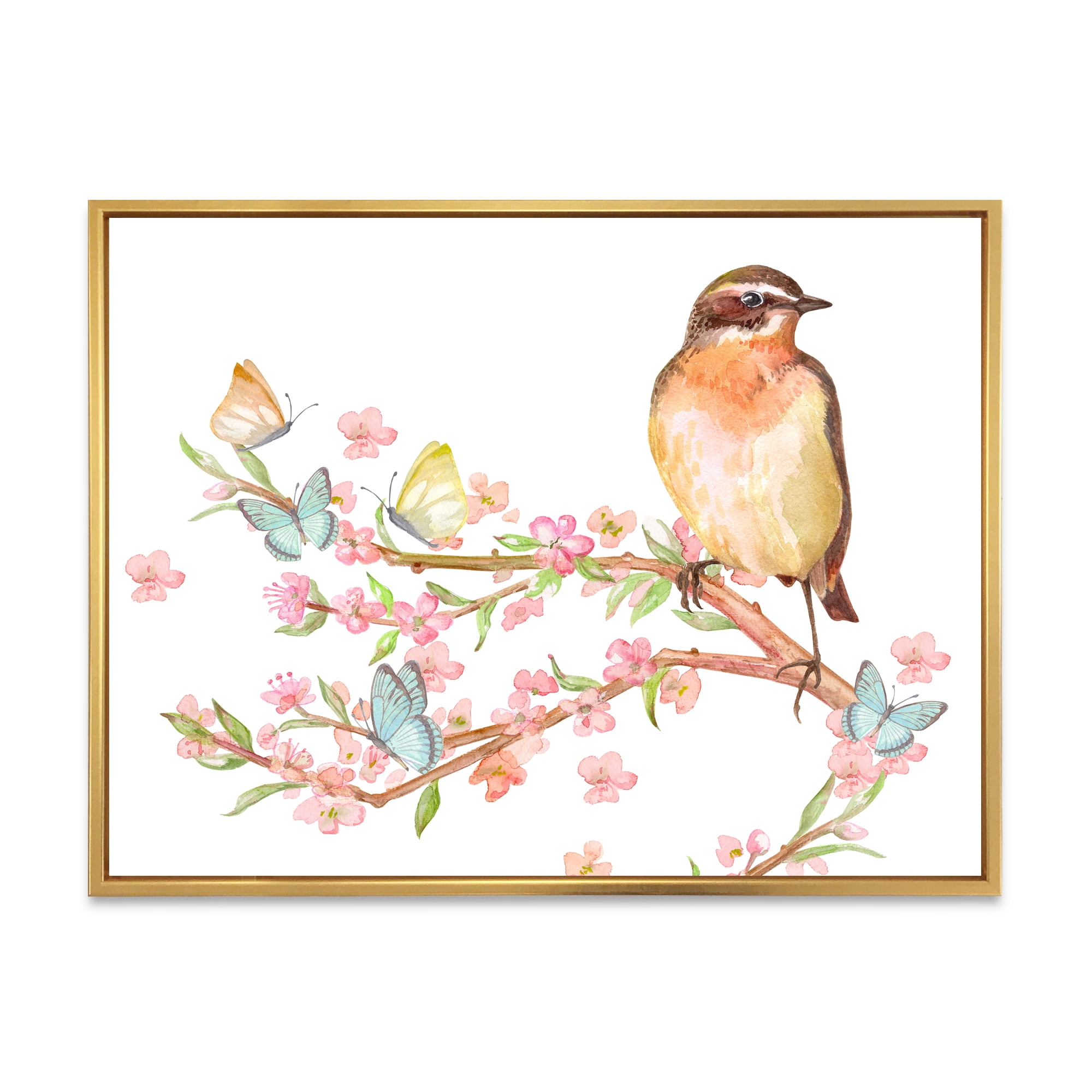Designart 'Lovely Bird Sitting On Branch of Sakura With Butterflies' Traditional Framed Canvas Wall Art Print