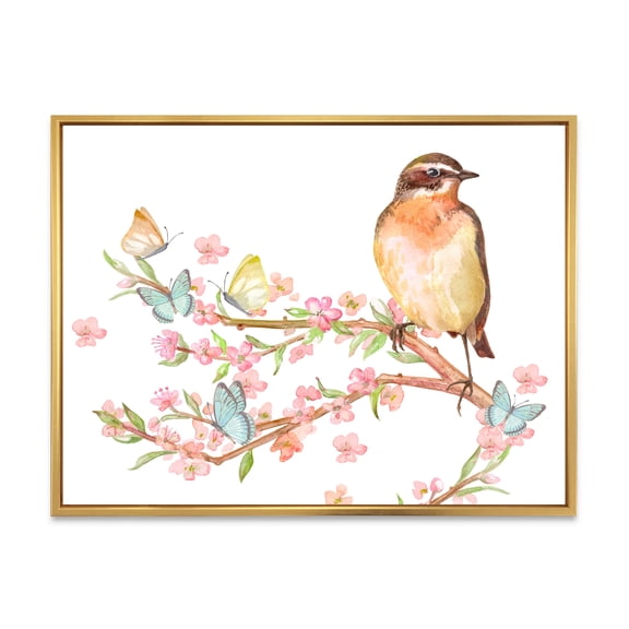 Designart 'Lovely Bird Sitting On Branch of Sakura With Butterflies' Traditional Framed Canvas Wall Art Print