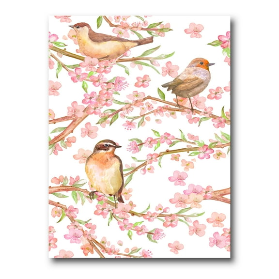 Designart ' Lovely Birds On Branches Of Flowering Almond ' Traditional Canvas Wall Art Print