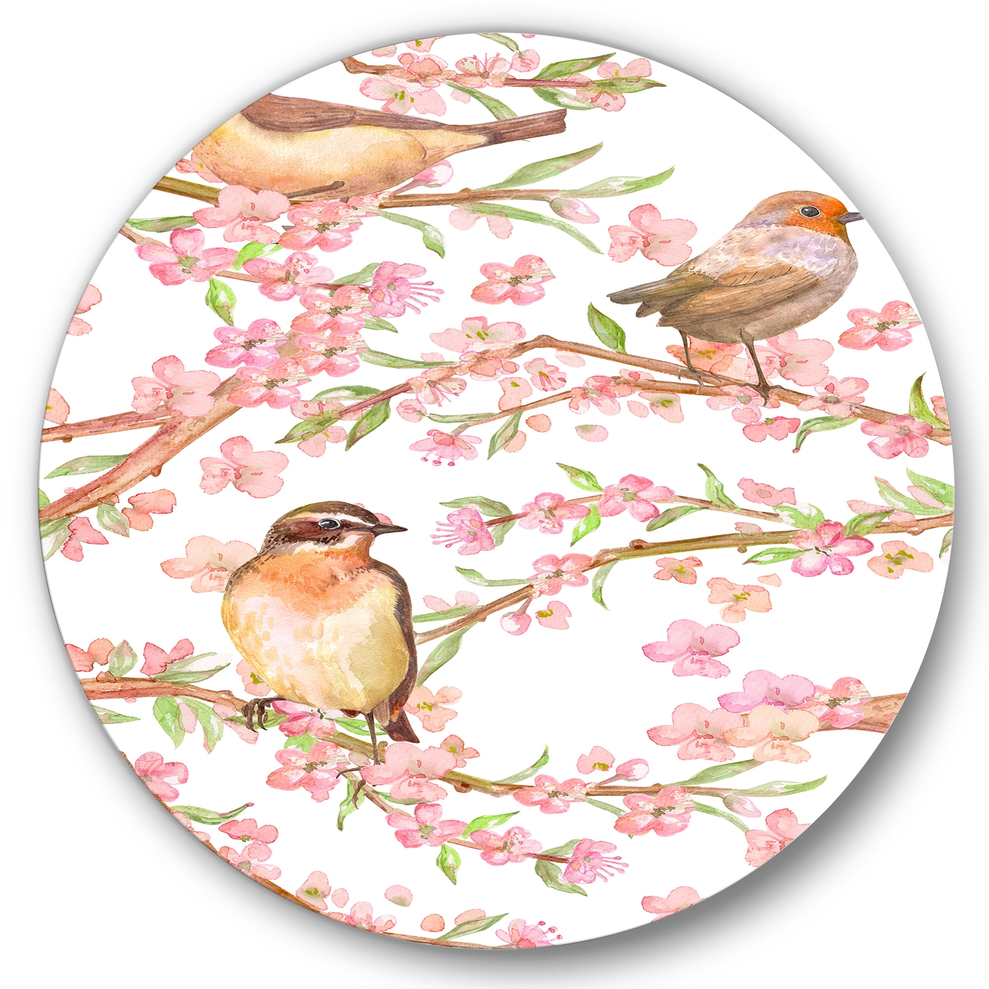 Designart 'Lovely Birds On Branches Of Flowering Almond' Traditional Circle Metal Wall Art 11x11 - Disc of 11
