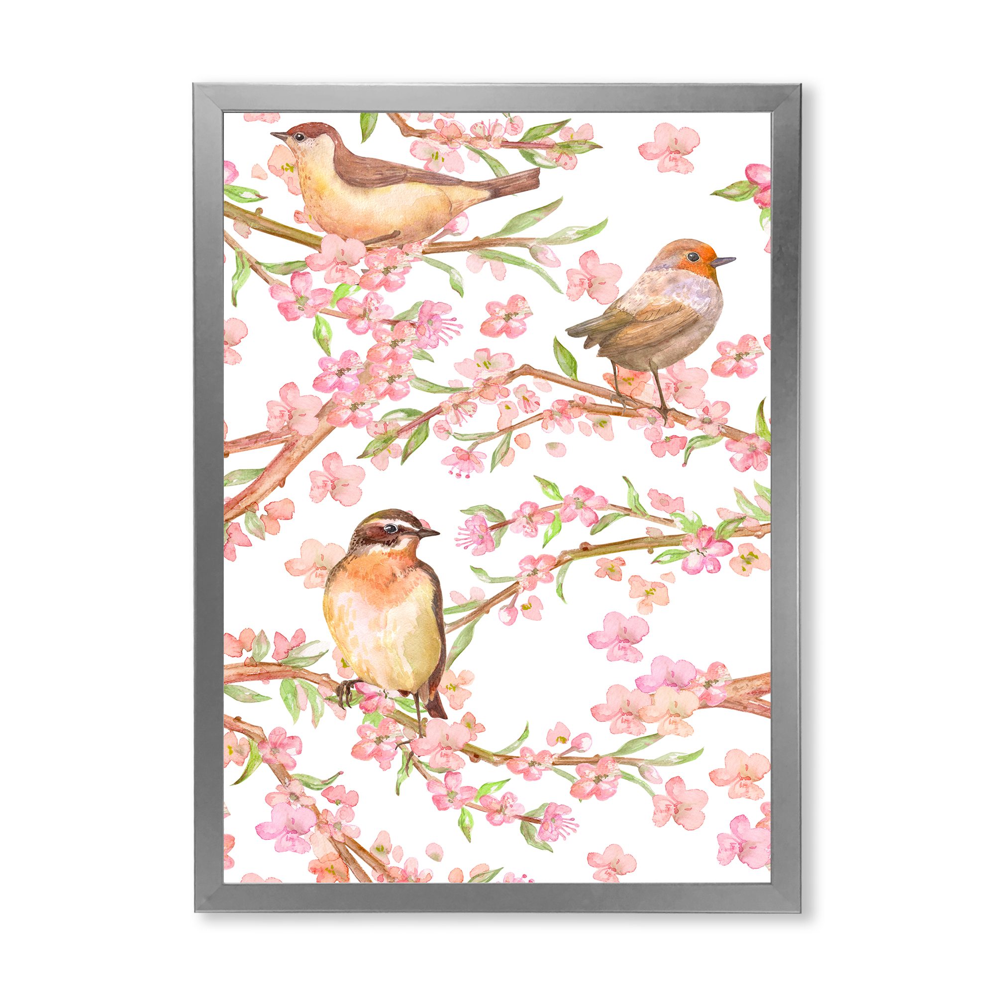 Designart 'Lovely Birds On Branches Of Flowering Almond' Traditional Framed Art Print