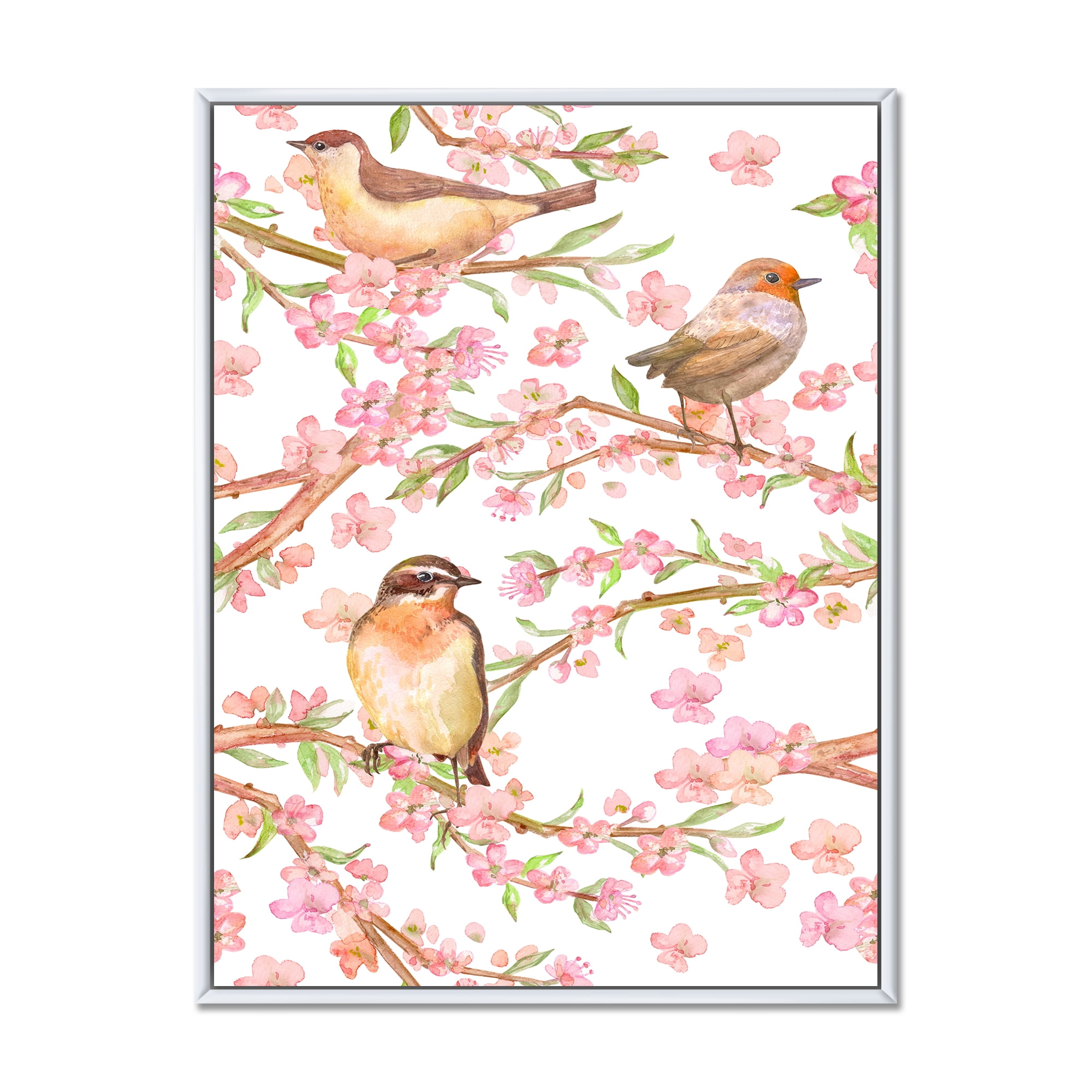 Designart 'Lovely Birds On Branches Of Flowering Almond' Traditional Framed Canvas Wall Art Print