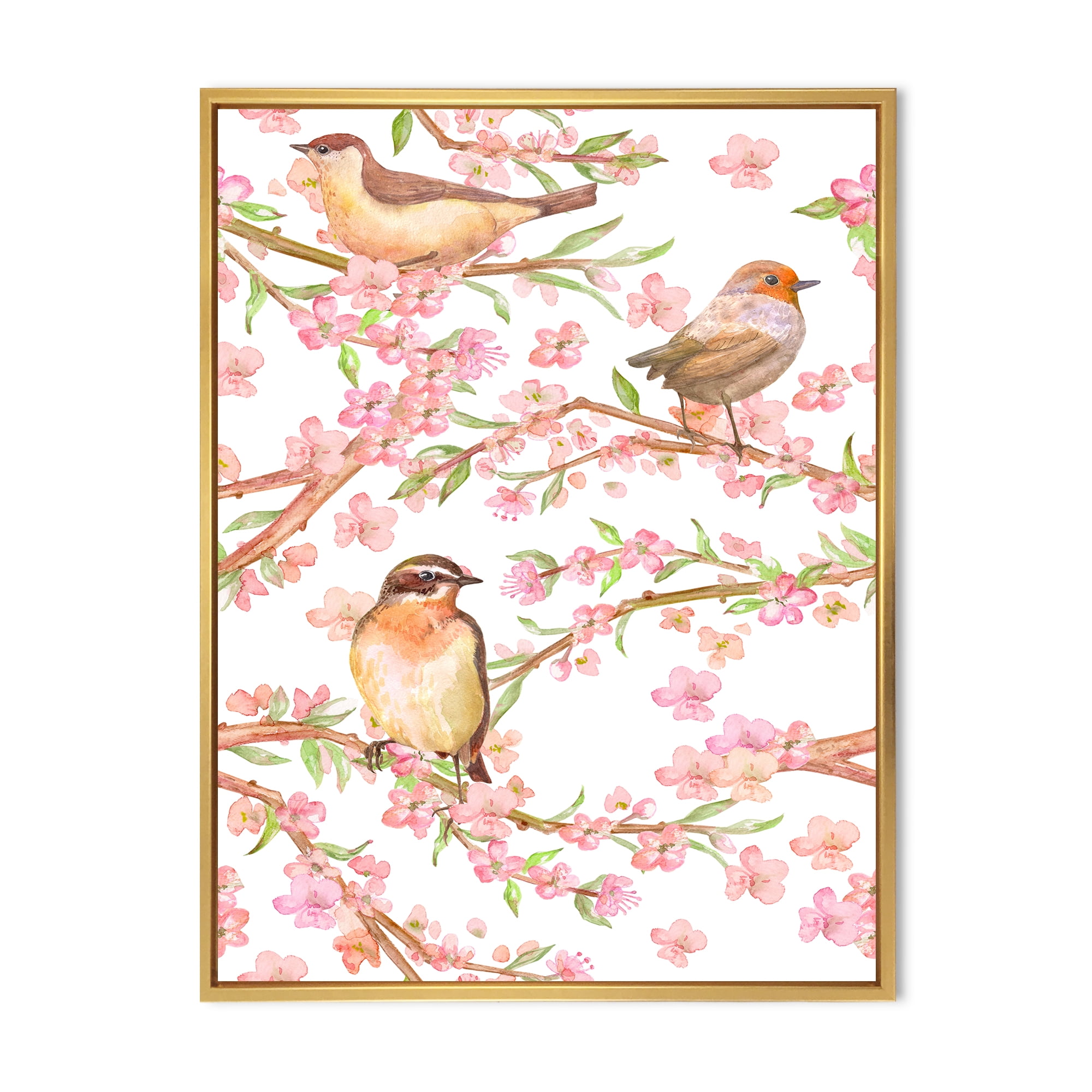 Designart 'Lovely Birds On Branches Of Flowering Almond' Traditional Framed Canvas Wall Art Print