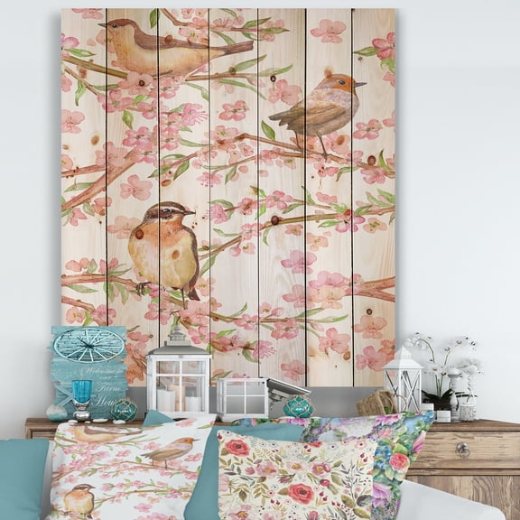 Designart 'Lovely Birds On Branches Of Flowering Almond' Traditional Print on Natural Pine Wood