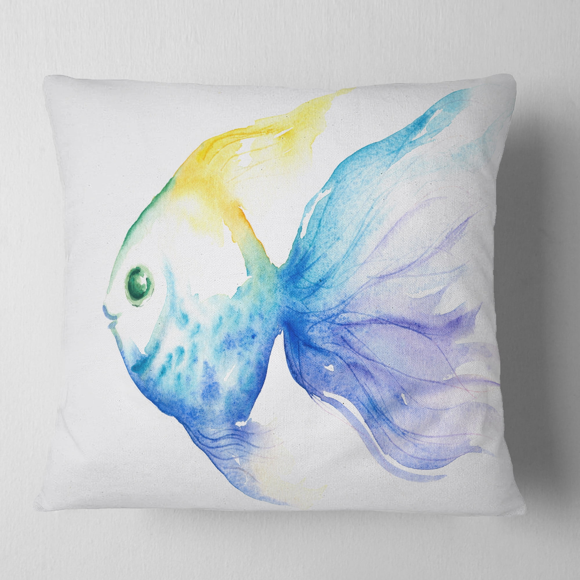Designart Lovely Blue Fish Watercolor - Abstract Throw Pillow - 16x16