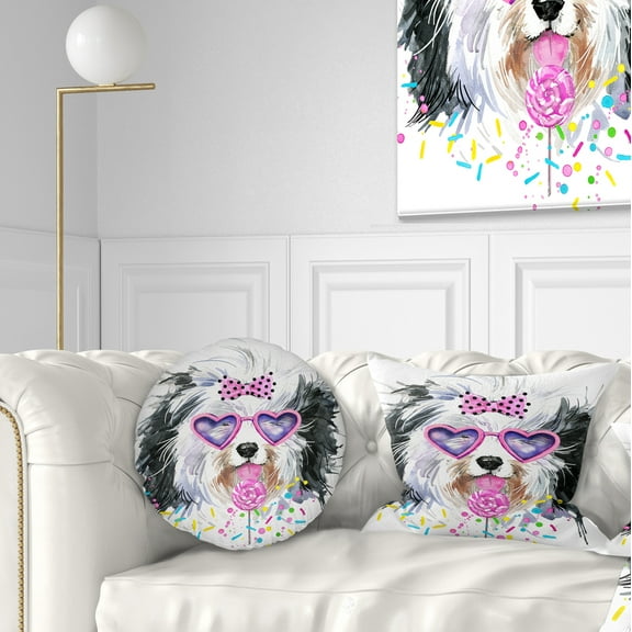 Designart Lovely Dog with Pink Heart Glasses - Contemporary Animal Throw Pillow - 12x20