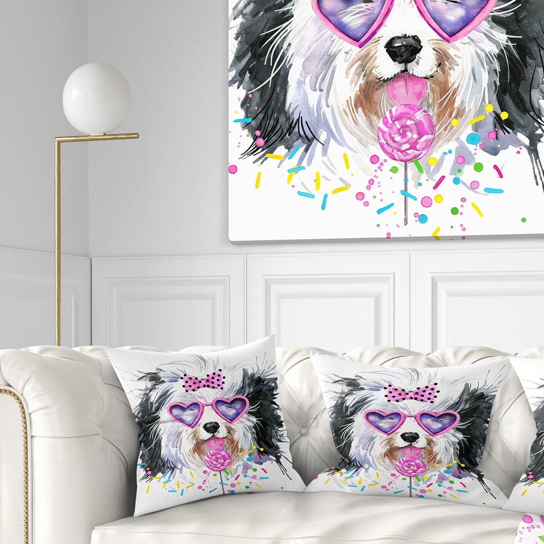 Designart Lovely Dog with Pink Heart Glasses - Contemporary Animal Throw Pillow - 18x18